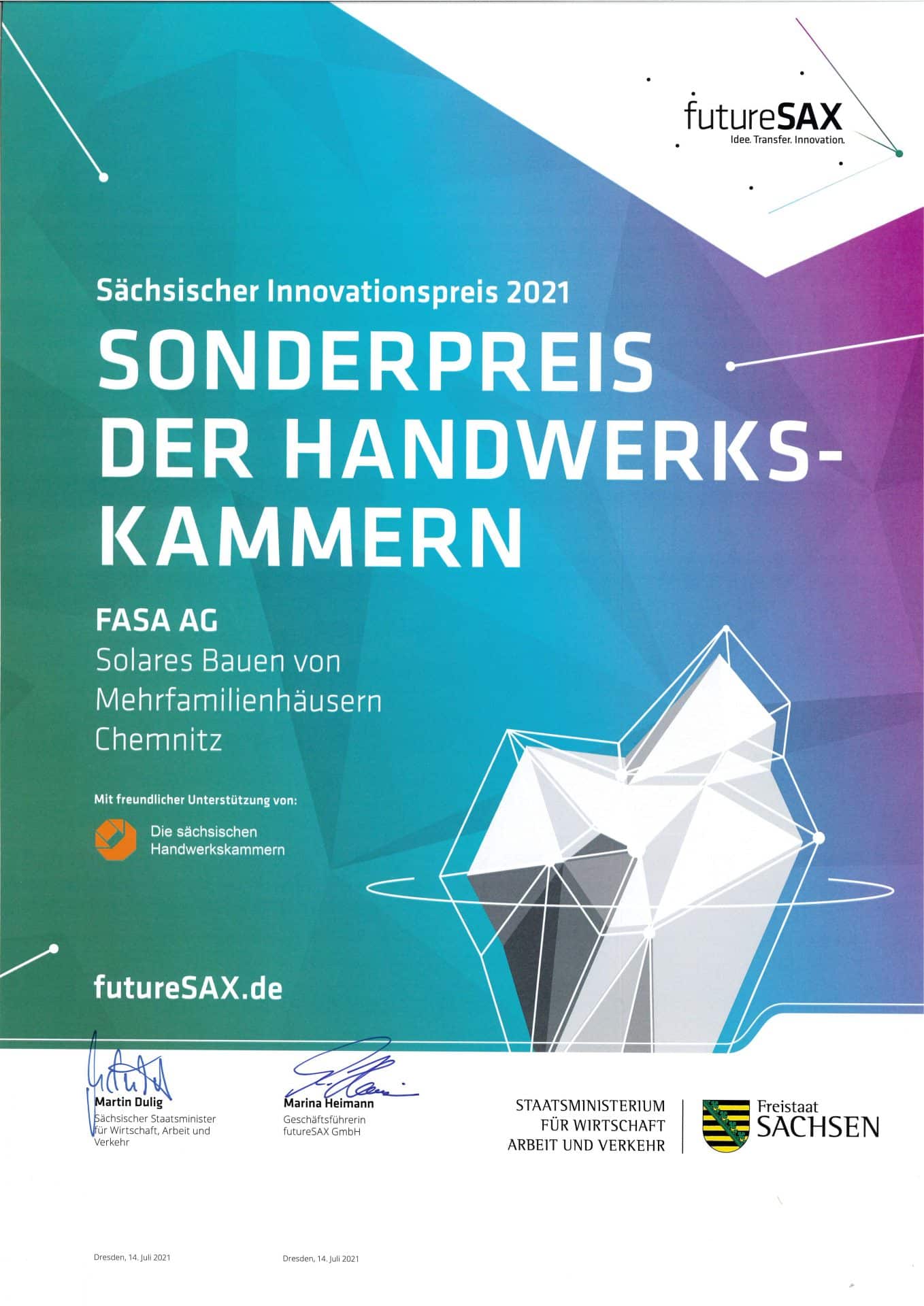 2021 07 14 Urkunde Saechsischer Innovationspreis 2021